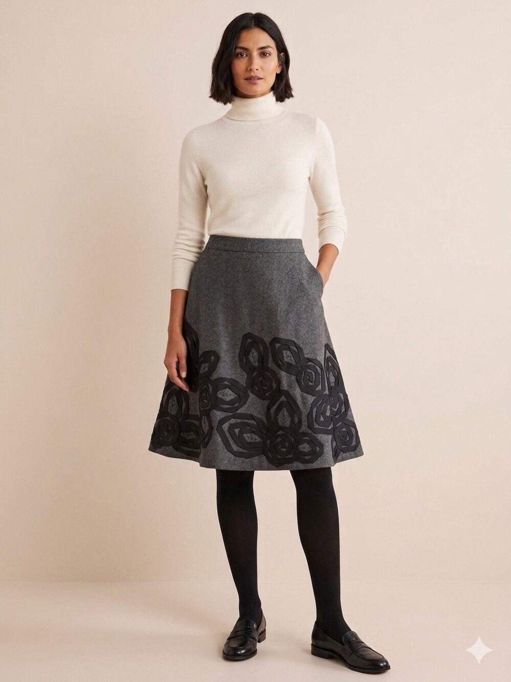 Boden Charcoal Gray Wool-Blend A-Line Skirt with Black Ribbon Appliqué size 12